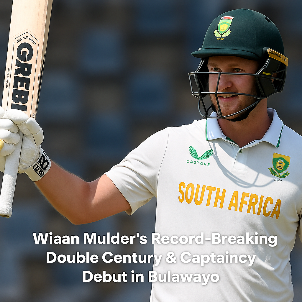Wiaan Mulder raises bat after reaching 200 vs Zimbabwe in 2nd Test 2025